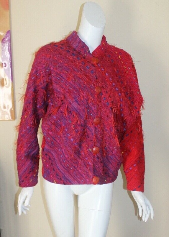 B Jane Doub Sz S M Rich Red Purple Hand-Woven Fiber Art-to-Wear Coat Jacket gallery