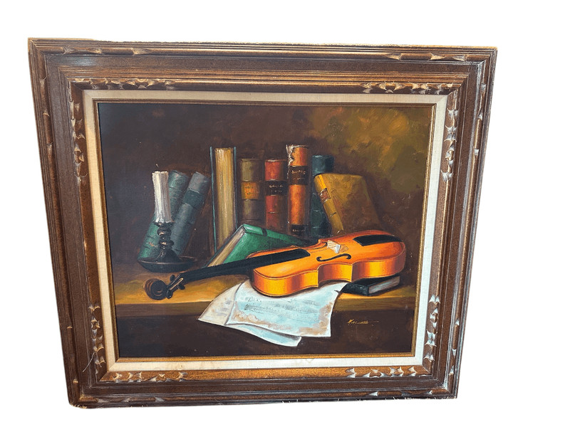 Original Art Oil Painting Still Life Violin & Books Signed Monticello* Framed