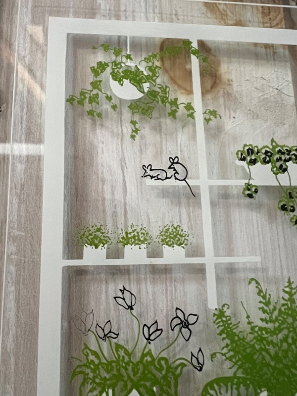 Decorative Art wall hanging framed glass panel w/ potted plants cats & mice 8” gallery