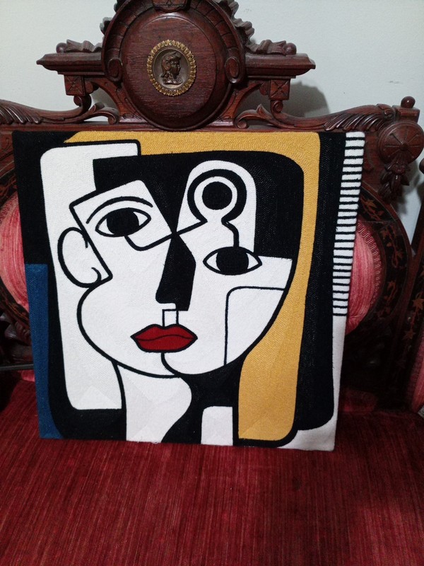 Embroidered Textile Abstract Face Cubist Crewel Work Unframed 17.5 "X 17.5 "