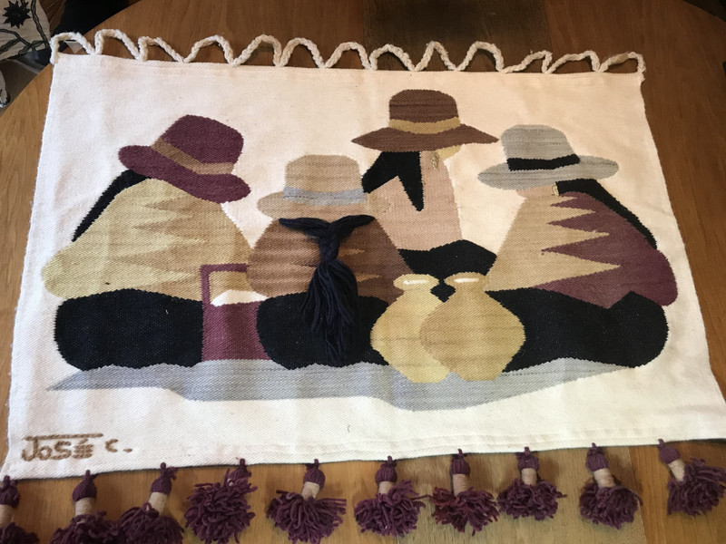 Vintage Wool Art Hand Woven Wall Hanging Rural Scene Signed Jose C 22″ x 35″