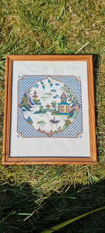 Vintage 1930s Framed Chinese Pagoda clcross Stitch Embroidery Needle Point Art