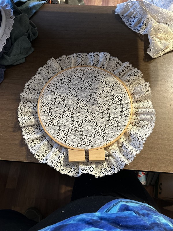 Vintage Beige Floral Lace Doily on Wooden 10 1/2” Hoop Cottagecore Decor gallery
