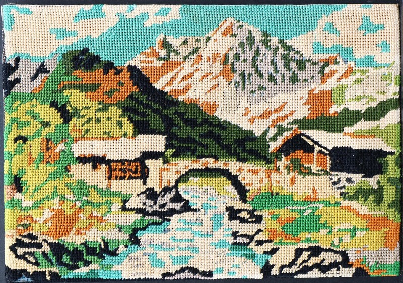 Mountain View vintage European original needlepoint tapestry embroidery gobelin