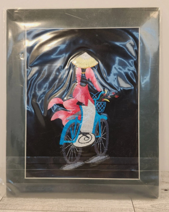 Asian Lady on Bicycle Silk Embroidery Textile Art Framed Floral Hat Gift Decor gallery