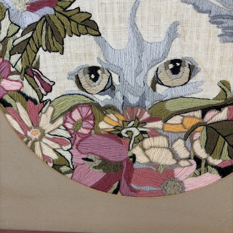 1980s Framed Embroidery Art Cat Flowers Mauve Framed Cottage granny core gallery