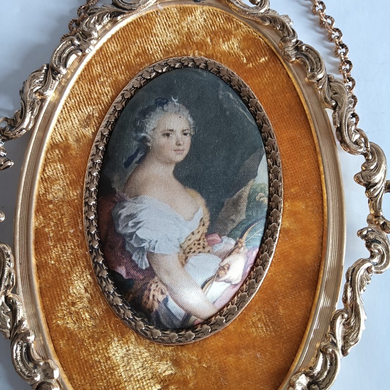 Vintage Italian Oval Wall Hangings - Brass Frame Print Silk Lady Portraits gallery