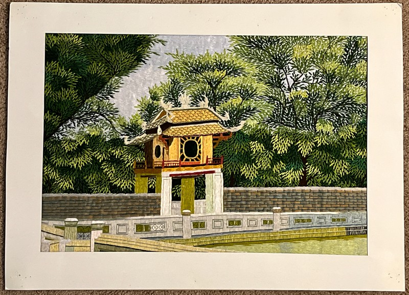 Japanese Silk Embroidered Tapestry Pagoda Scene 15 3/4″ x 21 1/2″ Artwork