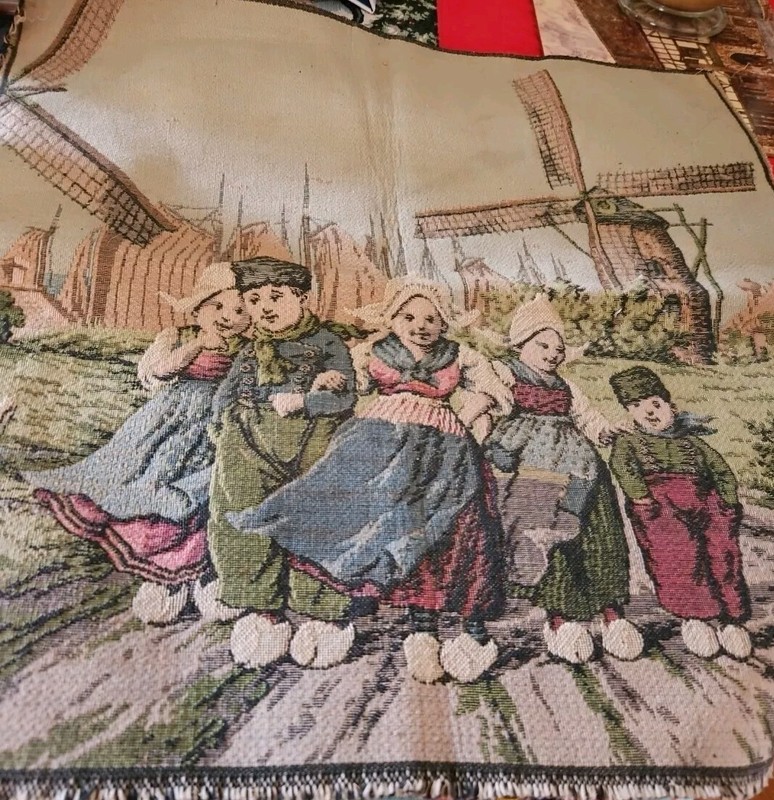 Vintage Dutch Tapestry Fabric Square Children In Clogs/Windmill 18.5″ X 18.5″