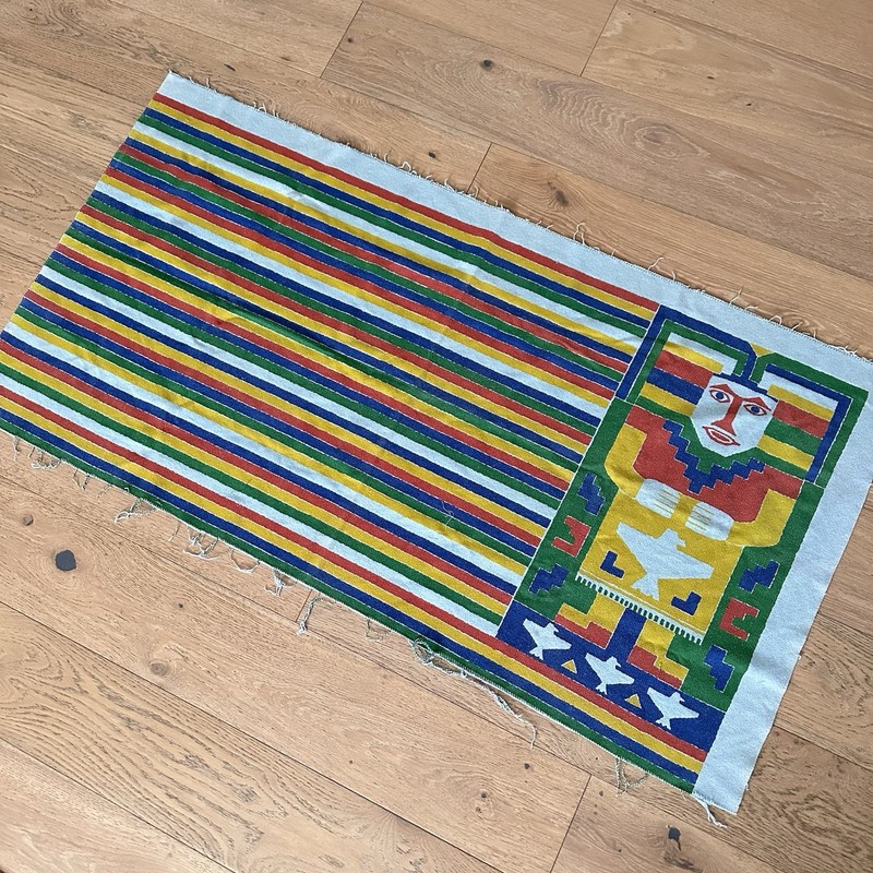 Vintage Woven Folk Art Textile Aztec Inspired Figure Mid Century Style 60” X 30”