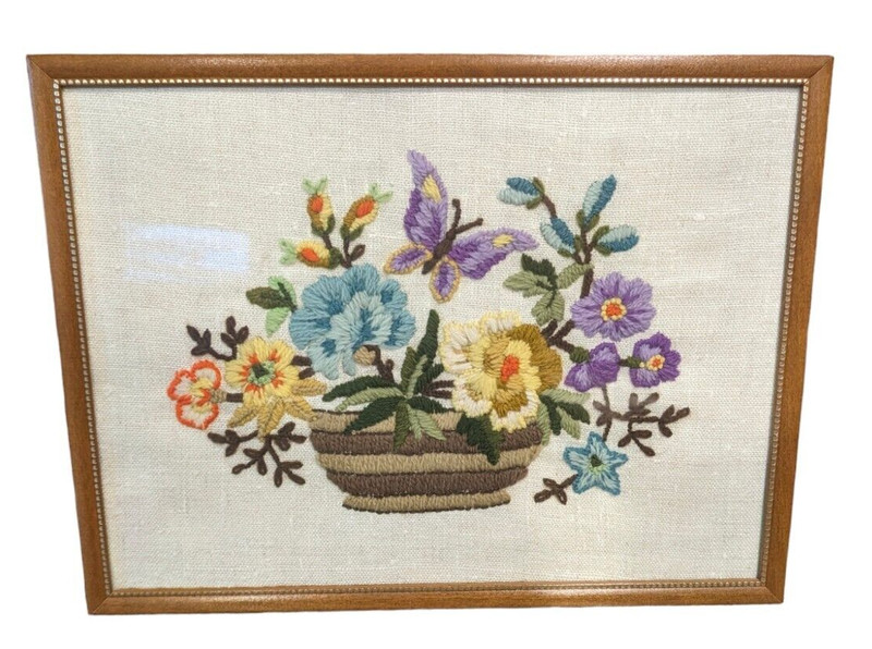 VTG Floral Colorful handmade Bouquet Basket Textile Art Crewel Framed 17 X 12 gallery