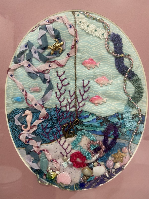 Matted/Framed 16.5×14.5×1 Handmade embellished Oceanscape embroidery Art Picture