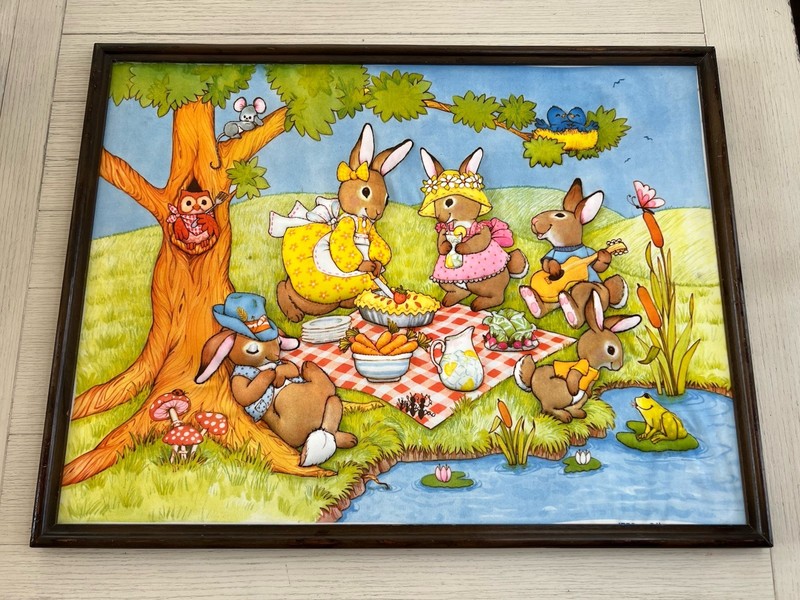 Vintage 3 -D Hand quilted Framed Bunny Family Picnic At The Pond 25” x19”