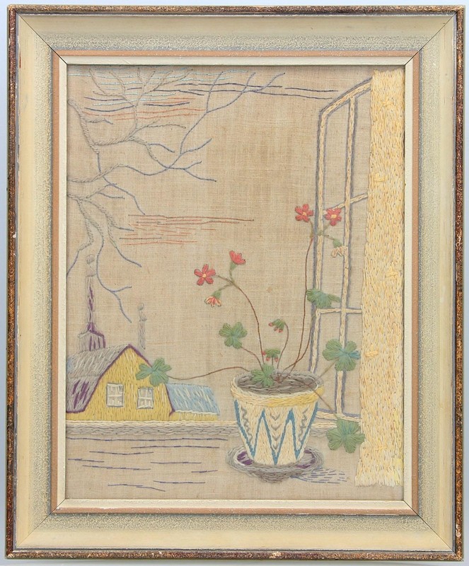 Vintage FRAMED SCANDINAVIAN FLORAL STILL LIFE NEEDLEWORK PANEL Circa 1950