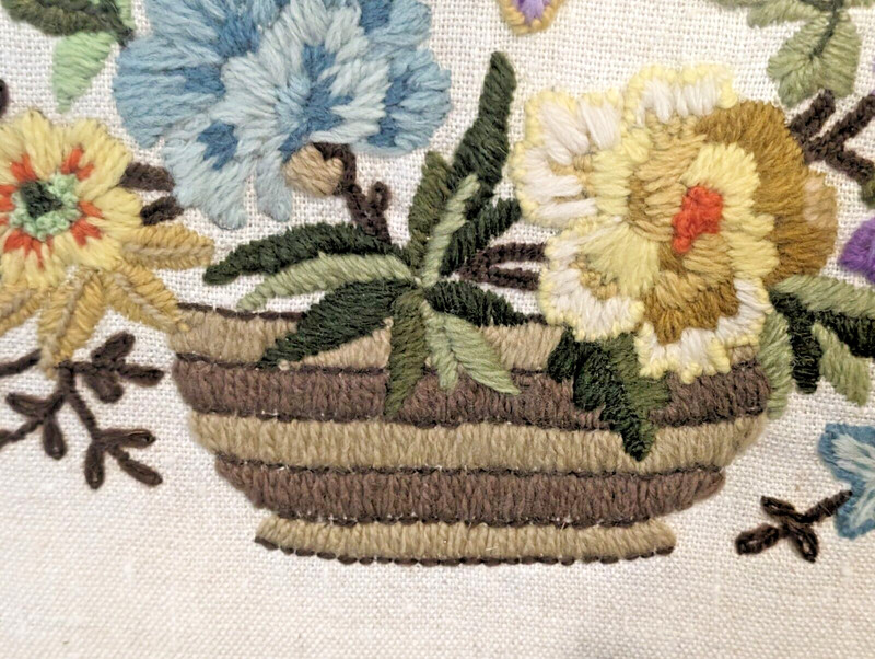 VTG Floral Colorful handmade Bouquet Basket Textile Art Crewel Framed 17 X 12 gallery