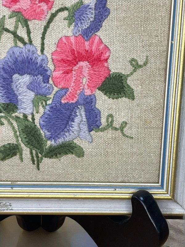 Crewel Embroidered Flower Framed Art 8 & 3/8” Square Vintage Cottage Floral gallery