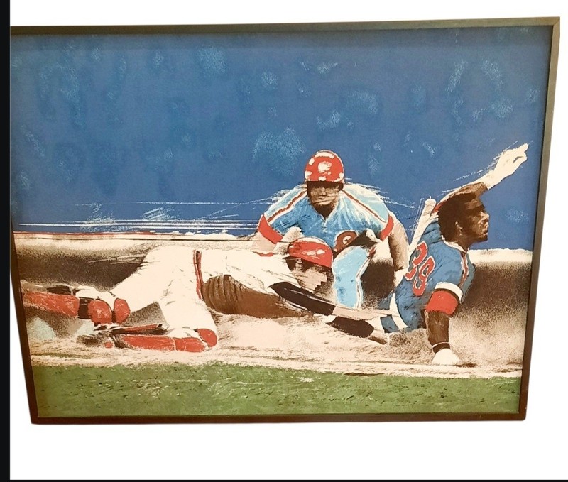 RARE vintage 1979 baseball-themed textile print designed by Klaus Heider.