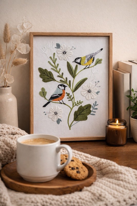 New BP Home Woven Embroidered Textile Wall Art Birds and Flowers Decor 12”x15”
