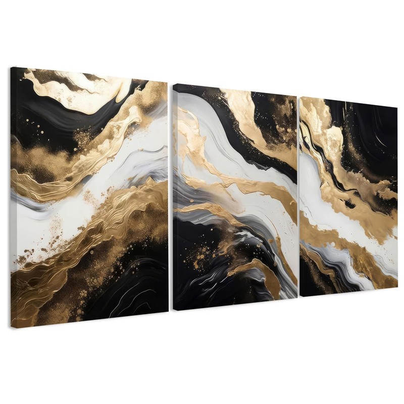 Palette Dreams 3 Piece Framed Black and White Abstract Wall Art, Black Gold C…