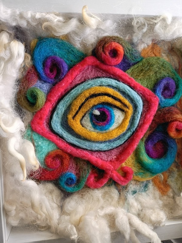 Evil Eye, Phychedelic Inspired, Wet And Needle Felted Art, Raw Alpaca Wool gallery