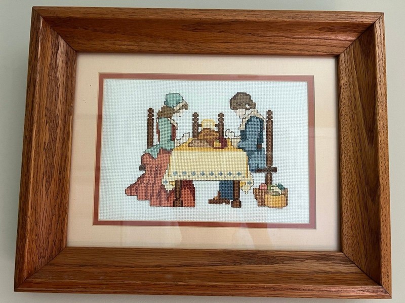 1970s VTG Fall Pilgrim Thanksgiving Cross-Stitch Needlepoint Framed Art Piece gallery