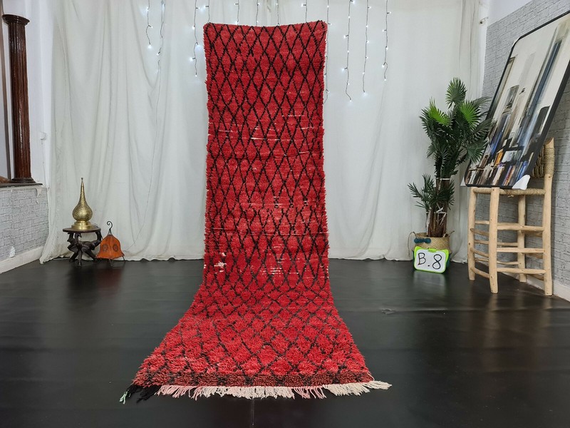 Handmade Moroccan Vintage Runner Rug 3×12.2 Berber Geometric Red Black Wool Rug