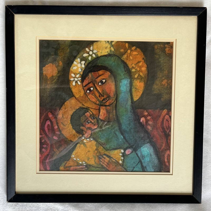 Vintage Madonna & Child African Batik Tribal Ethnic Art Framed Mid Century Kenya gallery
