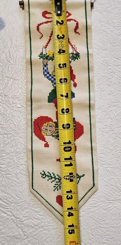 Vtg 60s MCM Christmas Wall Hanging Bellpull Stitchery Elves Cross Stitch gallery
