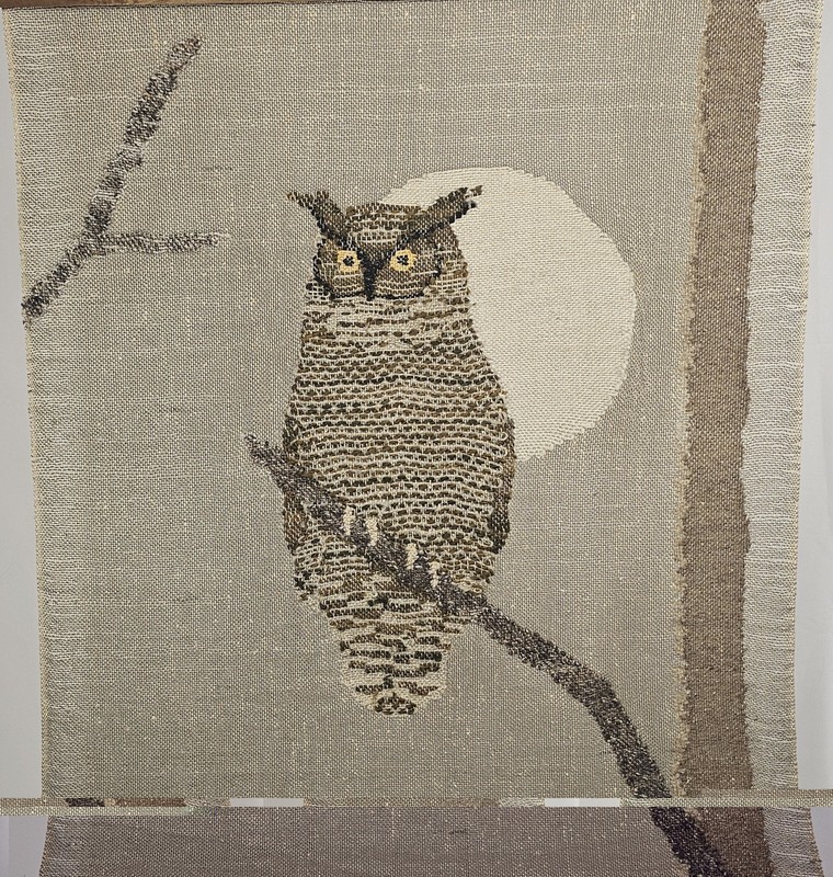 Vintage OWL IN THE MOON Woven Tapestry Wall Hanging 36"x 30" ~ Wooden Bar Hanger gallery