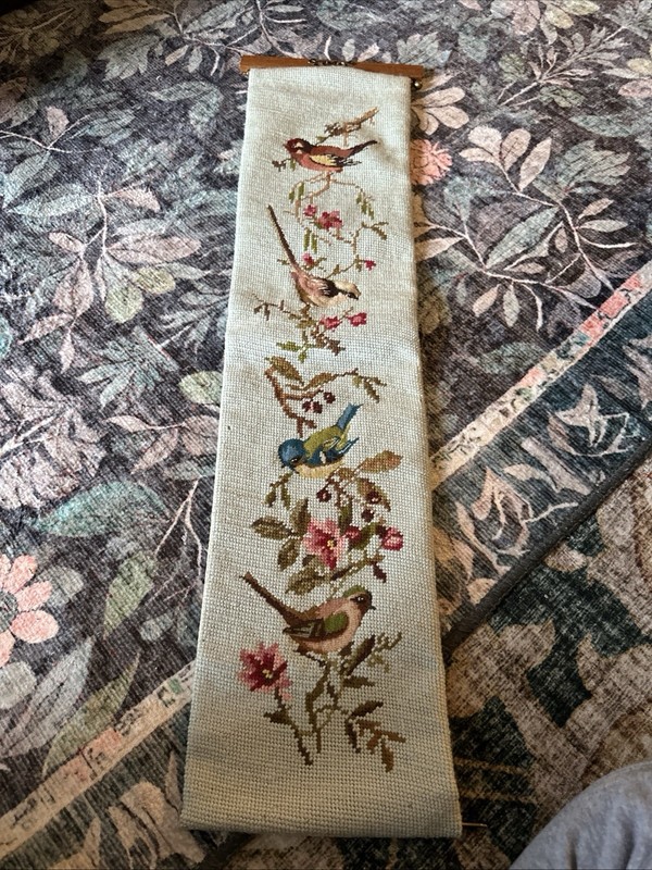 STUNNING Vintage Pull Cross Stitch Birds Flowers Garden Decor Estate