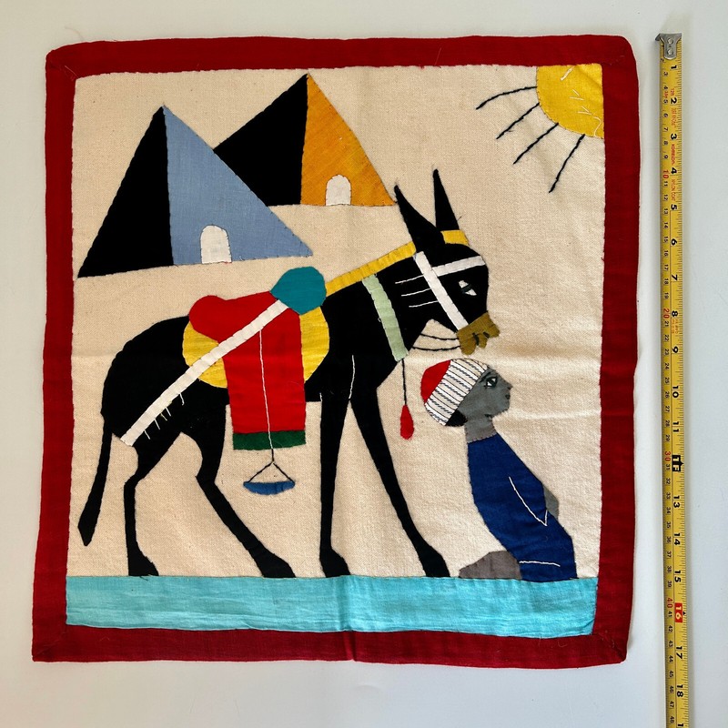 Vtg Khayamiya Egyptian Wall Hanging Hand Sewn Applique Textile Art Donkey Tents gallery