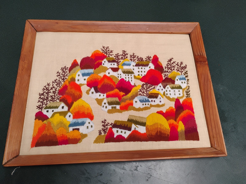 Autumn Village Houses Satin Stitch Landscape Multicolored Orange Green White VTG