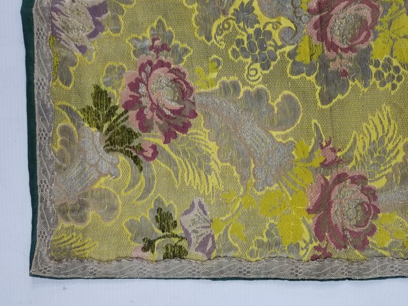 Antique French Silk Brocade Floral Panel with Lace Trim 53x52cm gallery