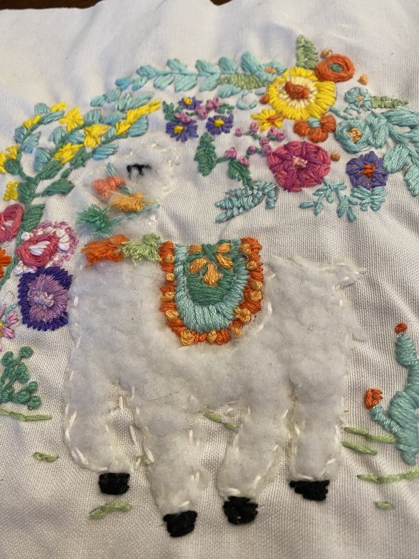 NEW Grandma Hand Made Llama Flowers 9" Square FINISHED EMBROIDERY Stitchery gallery
