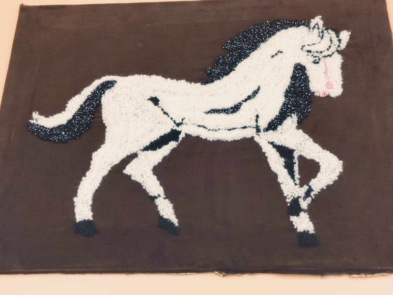 Horse Yarn Art Completed White Black on Brown Frabric Textile Art 20" X 15" gallery