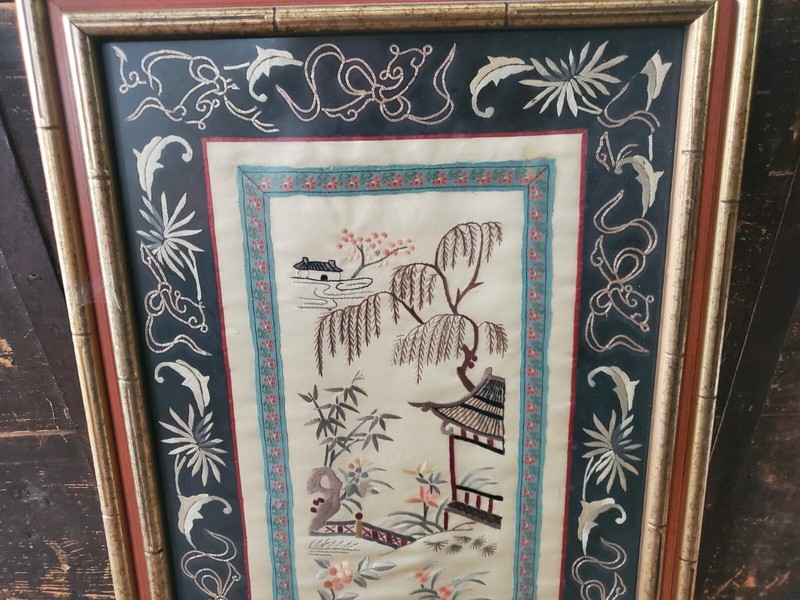 Silk Asian Embroidered Panel Vintage Art Bamboo Landscape gallery