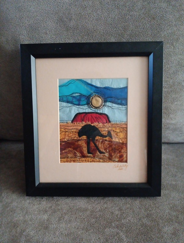 Framed Caroline Sharkey Applique Hand Embroidery Fabric Outback Art Signed