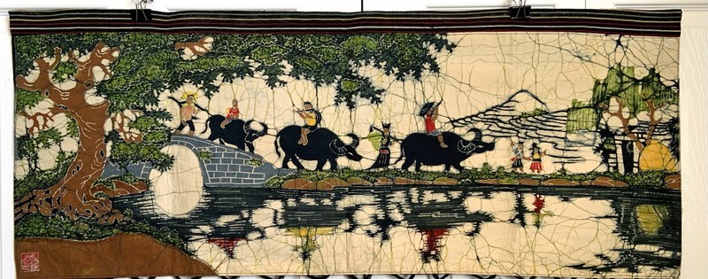 China Guizhou Paradise ( Sunset,Bridge,Cows,Bamboo Flute )Batik Art Wall Handing