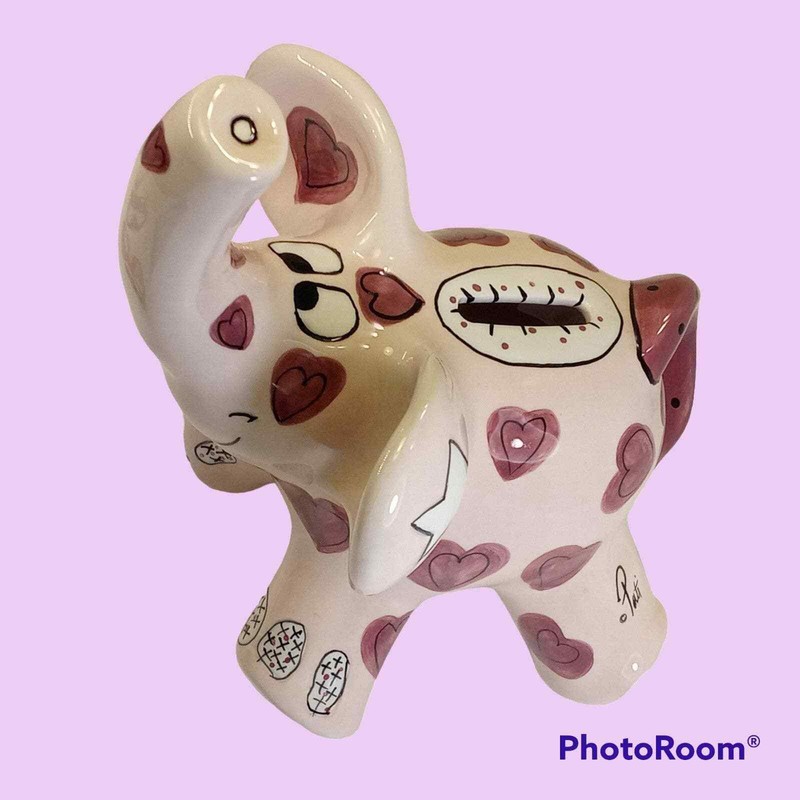 Ganz Ceramic Elephant Coin Piggy Bank Pink Purple Hearts Stars Signed Pati gallery