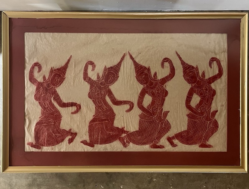 1960s Thai Temple Rubbing – Ramakien Dancers – Large Framed Art 40×26”