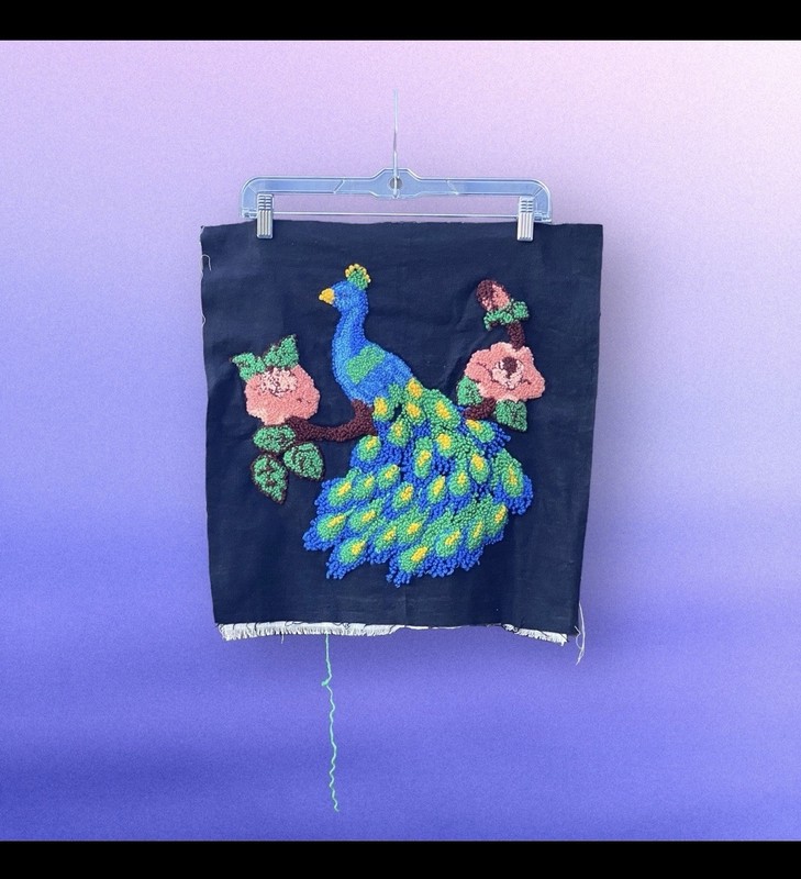 Vintage Peacock Embroidery Loop Latch Stunning Handmade Textile Art 17”x17”