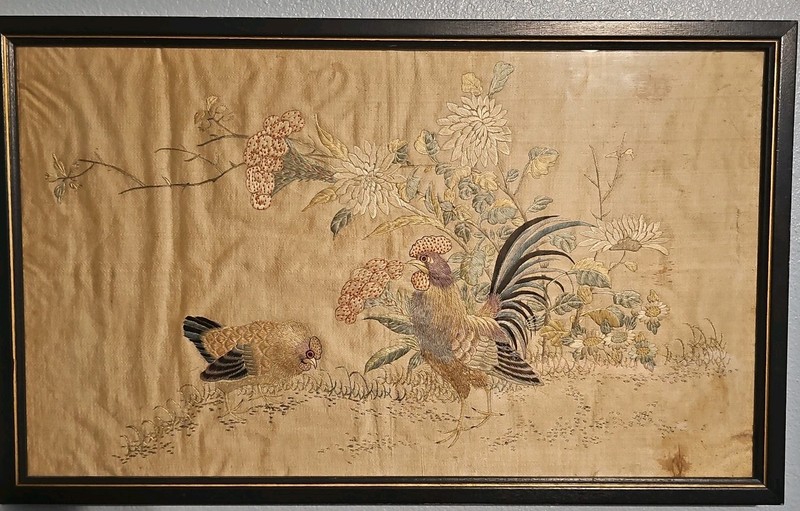 Vintage Asian Silk Embroidery-Very Old- Framed Rooster And Hen, Handmade