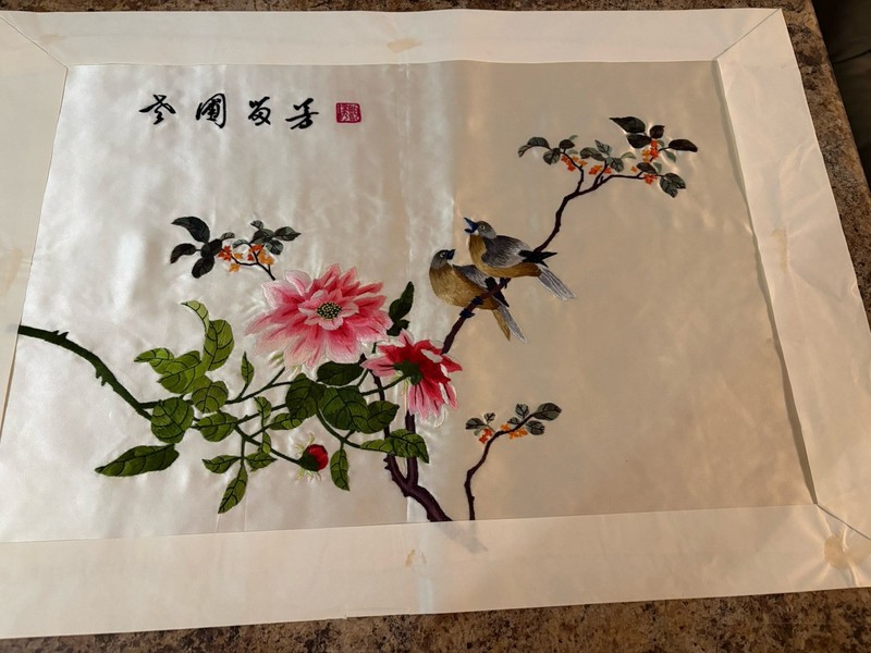 VTG Asian Silk Embroidery. 14”x20” Birds Peonies Colorful 80’s