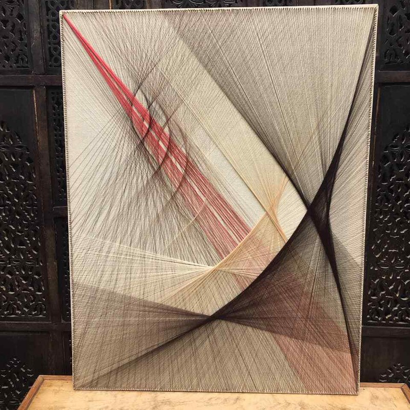 MID CENTURY MODERN 1970S TEXTILE FIBER ABSTRACT STRING ART 700+NAILS RED BLACK
