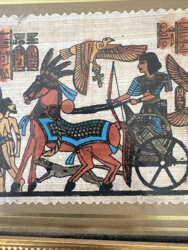 Set Of 2 Egyptian Art Hand Painted Papyrus Paper Golden Chariot FRAMED 9”x7” gallery