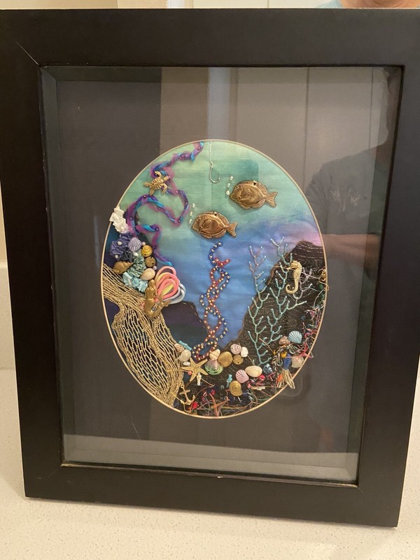 Matted/Framed 16.5x14.5x1 Handmade embellished Oceanscape embroidery Art Picture gallery