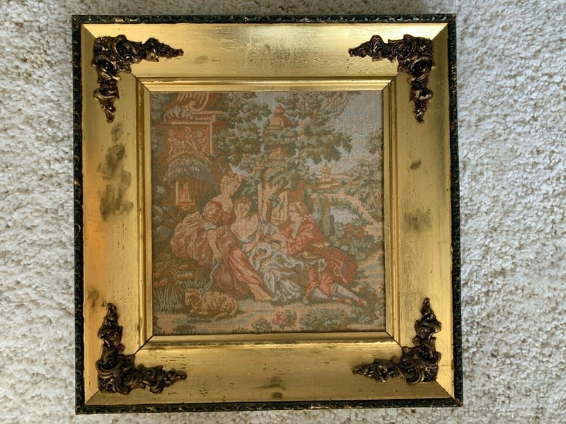 Vintage Textile Artwork Picture with gold colored frame