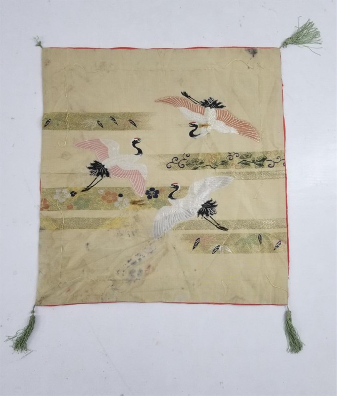 Antique Japanese Silk Embroidered Crane Panel 64x59cm
