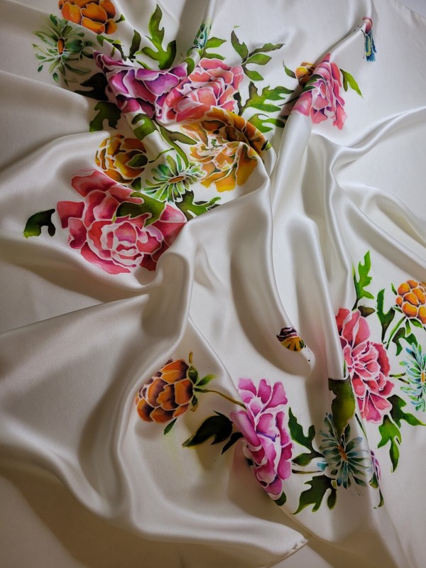 Original Hand painted Satin 100% Silk Scarf* 35 x 35.5 inches*Flowers