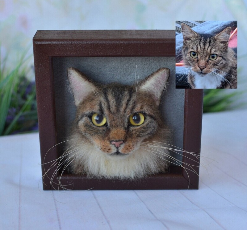 Portrait sculpture of your cat in frame Needle felted Realistic Pet replica OOAK